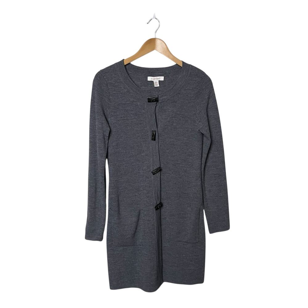 Ellen Tracy Merino Wool Blend Button Front Cardigan Sweater Sz S Gray Minimalist